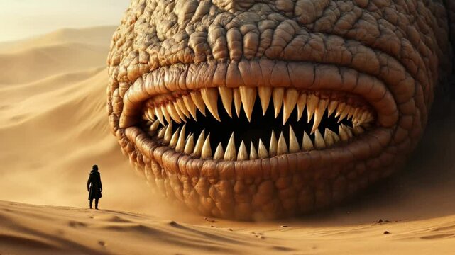 Tiny human figure facing the enormous, gaping maw of a giant sandworm. Dramatic contrast in scale, imminent danger. Science fiction concept. 4K 60 FPS rendering.