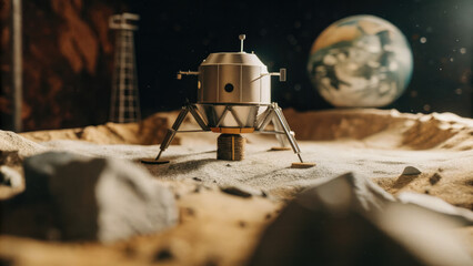 Futuristic moon lander on rocky lunar surface with Earth visible in dark sky, space exploration and lunar mission concept.