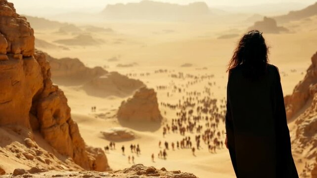 Attractive woman in a revealing outfit and a cloak, standing on a rocky outcrop, overlooking a large crowd of people in a desert canyon. 4k 60 fps.