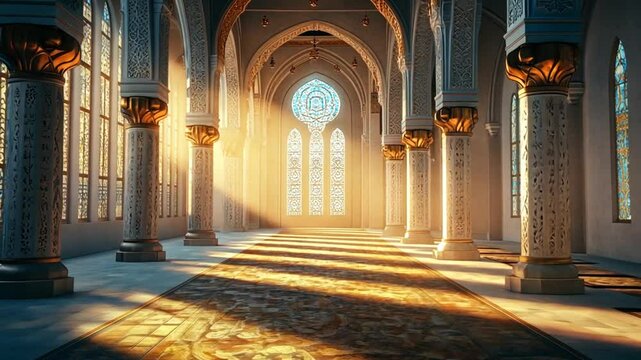 Majestic mosque interior with sun rays illuminating the architecture a spiritual and calming setting