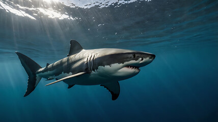 Fototapeta premium Great White Shark Swimming Underwater in Ocean with Sunlight Streaming Through
