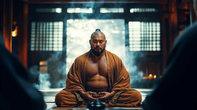 In a serene Japanese setting, a sumo wrestler sits in deep meditation, preparing mentally and spiritually for an upcoming combat