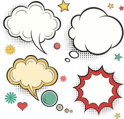Retro Comic Speech Bubbles Set, Pop Art Cloud, Vintage Thinking Balloons Vector