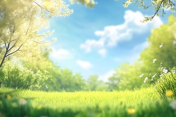 Obraz premium Lush green park with trimmed lawn and blue sky in soft focus background