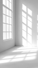 Minimal light gray background with soft shadows and window light