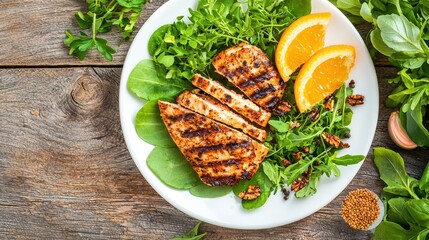 A captivating advertisement poster featuring a gourmet food dish artfully plated on a wooden table, complemented by fresh ingredients and herbs around it. The balanced composition draws attention to