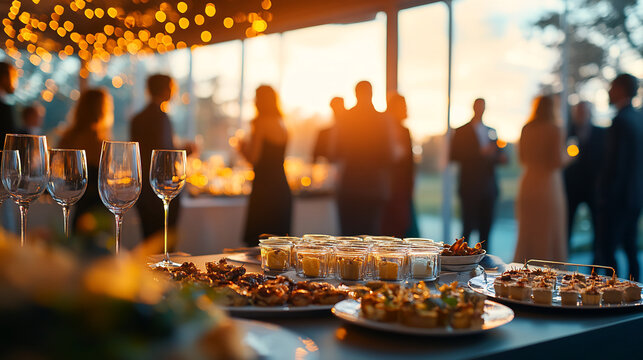 Elegant buffet table with gourmet appetizers and wine glasses at a sunset outdoor event. People socializing at a formal gathering