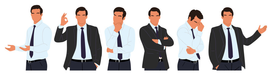 Businessman character with different gesture. Handsome business man in formal outfit standing, pointing, thinking. Vector flat illustrations isolated on transparent background