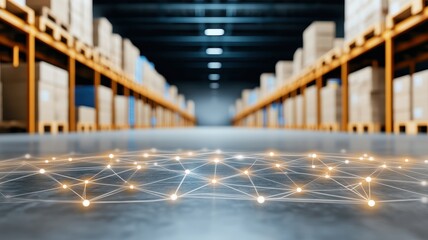 A modern warehouse interior featuring neatly arranged shelves and a digital network overlay, symbolizing connectivity and logistics efficiency.