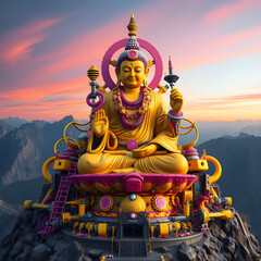 Obraz premium Futuristic cyborg Buddha meditating in a serene pose, blending ancient spirituality with advanced technology, glowing circuits and calm energy symbolizing harmony between consciousness and artificial 