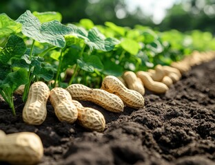 Sunlit peanut field, harvested peanuts, agriculture, rows, soil, plants, growth, farming, food production