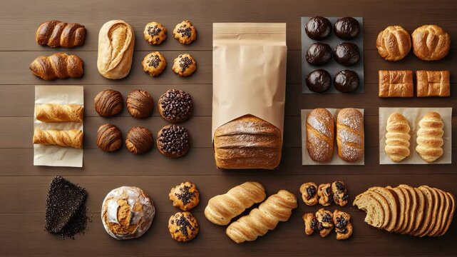 A flat lay of freshly baked bread and pastries with delivery packaging in the background. digital