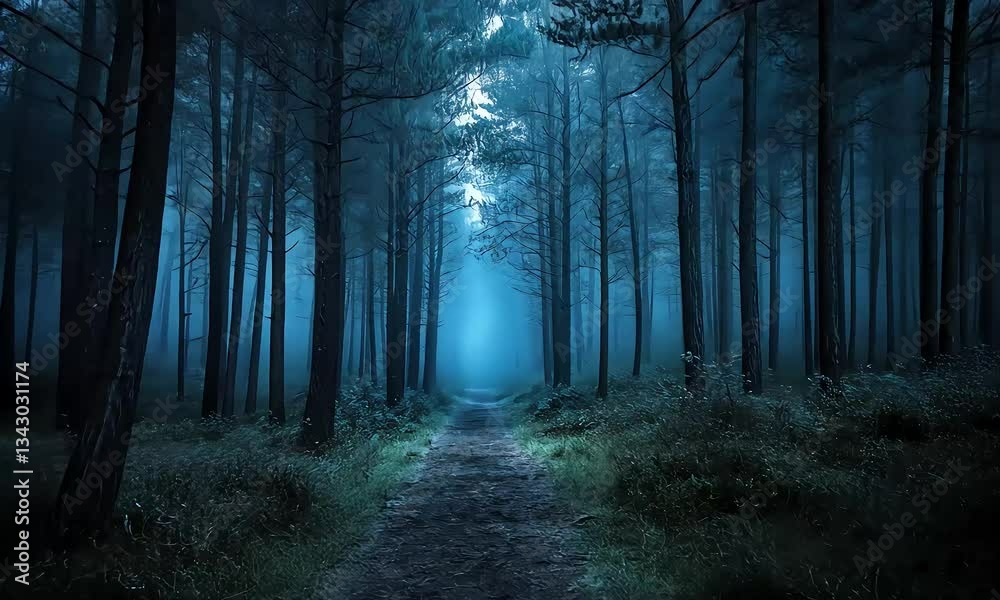 Wall mural mysterious forest path in twilight with tall trees and soft fog evoking a sense of wonder and explor