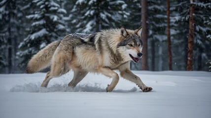 Naklejka premium Lone British Interior Alaskan Wolf Relaxing by a Frozen Lake Amidst a Winter Wonderland