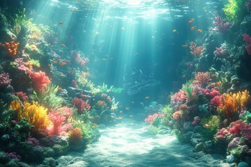 Fototapeta premium Sunlit coral reef, vibrant fish, shipwreck background, underwater scene