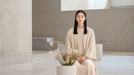 A fashionable clothing spread featuring a model in a chic outfit, set against a minimalistic yet sophisticated backdrop. The balanced composition and vibrant colors accentuate the elegance of the