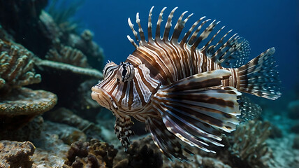 Lionfish Swimming Underwater Near Coral Reefs in Ocean Environment