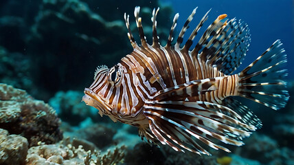 Lionfish Swimming in Ocean Water Near Coral Reef Underwater Wildlife
