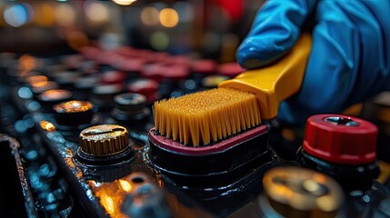 A mechanic emphasizing thorough maintenance is utilizing a soft brush to clean the inside of a throttle body.