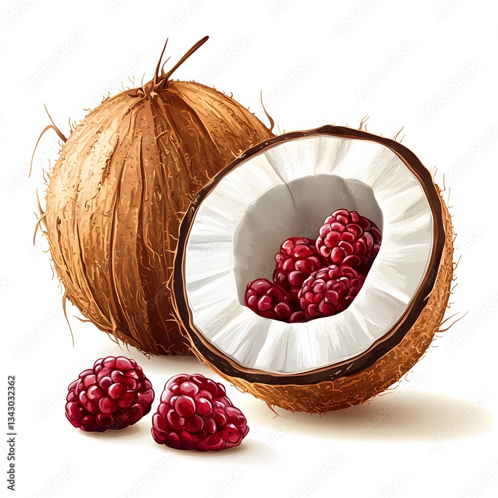 Poster a vibrant image of a halved coconut filled with raspberries. tropical and tempting! refreshing cocon