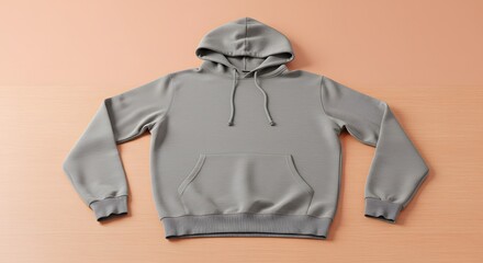 Naklejka premium Gray Hoodie Flat Lay on Peach Background for Fashion Apparel Mockup