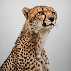 "A majestic cheetah standing tall, gazing forward with piercing golden eyes, its sleek spotted fur glowing under soft lighting, set against a pure white background."