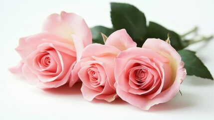 A graceful arrangement of soft pink roses lies on a clean, white surface. their gentle hues and delicate petals evoke a sense of elegance, ideal for romantic themes. Space for text.