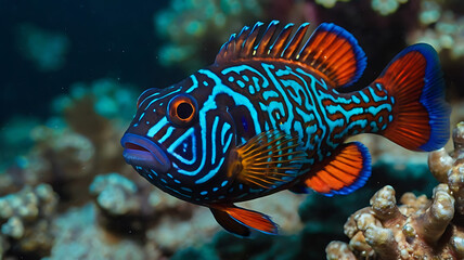 Obraz premium Observing Ornate Leopard Grouper with Vibrant Blue and Orange Markings Underwater