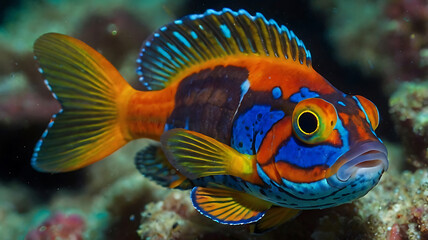 Obraz premium Colorful Painted Comber Fish Swimming Underwater Close Up View