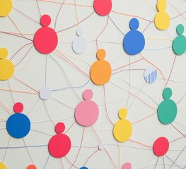 A network of colorful human figures connected by lines and nodes, representing relationships in a social or professional context on white background.