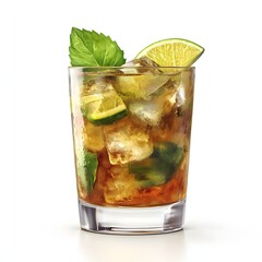 A close-up photo of a Mint Julep cocktail with fresh mint and lime. The drink is in a rocks glass filled with ice. Refreshing Caipirinha Isolated on white background
