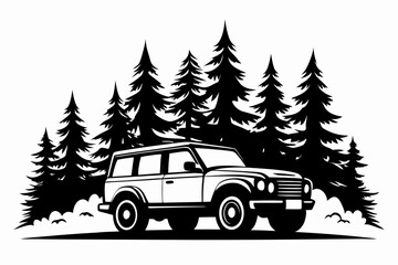 an off road car pine trees line art silhouette vector illustration
