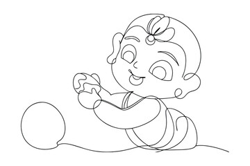 Adorable Baby Krishna Line Art Playing with Machan and Ball