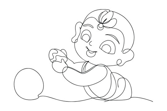 Adorable Baby Krishna Line Art Playing with Machan and Ball