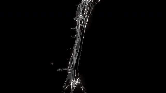 Closeup Slow motion Water Liquid Pouring Splash isolate on back background with Alpha matte. 3D Animation.