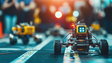 A vibrant robotics competition showcasing small autonomous robots racing on a track, with an enthusiastic crowd in the background and colorful lights illuminating the scene