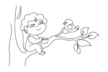 Young Krishna, Bird, Tree Branch, Bowl, Nature, Innocence, Child, Hindu Deity, Simple Line Art, Colo