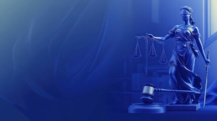 Justice statue, legal scales, courtroom backdrop,  3D render, background use