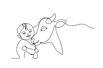 Infant Krishna's Childhood Innocence, Cows Gentle Affection, Online Art