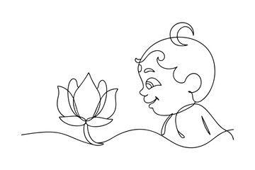 Adorable Baby Krishna Gazes at a Lotus Flower in One Line Art