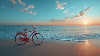 Fototapeta premium On a sandy beach, a sturdy red sightseeing bike rests, with gentle ocean waves framing the scene.