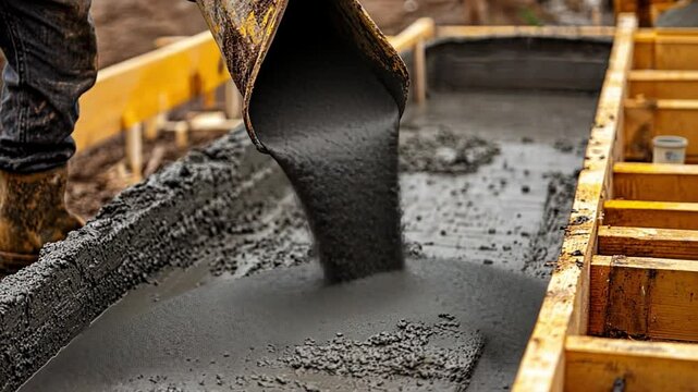  Pouring Concrete: A construction worker pours wet concrete into wooden formwork, illustrating the process of creating a solid foundation or structure. The concrete cascades in a dynamic flow.