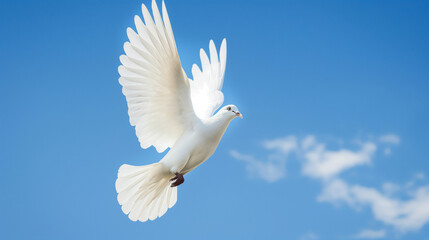 Fototapeta premium White dove flying in clear blue sky, symbolizing peace, freedom, and hope, with serene and tranquil atmosphere, representing harmony and unity.
