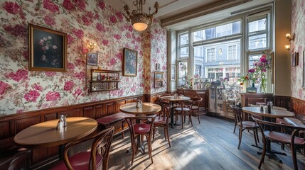 A vintage-inspired caf with walls covered in floral mosaic tiles, radiating warmth and charm.