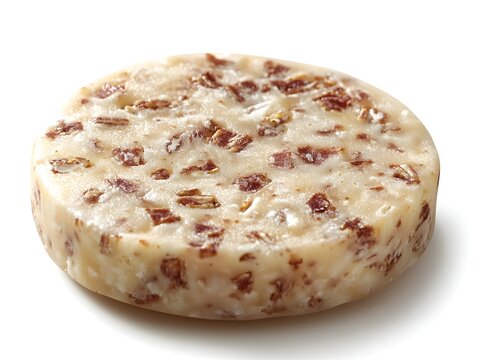 A close-up shot reveals a single, round oatcake with visible red berry pieces, set against a pristine white background.