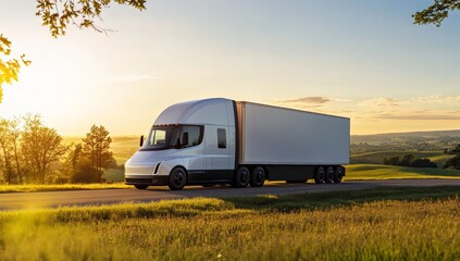 Electric Semi-Truck on Country Road at Sunset
