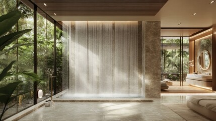 Fototapeta premium A walk-in shower with cascading waterfall-patterned tiles, offering a refreshing and immersive experience.