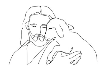 Jesus Christ Gentle Shepherd Lamb Line Art Drawing © pankajkumar