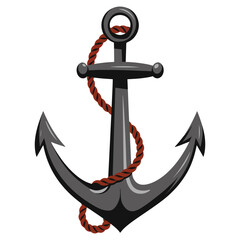 Vintage nautical anchor with twisted rope and wooden crossbar. A detailed maritime symbol, perfect for sailing, navy, marine, ocean, sea travel, fishing, coastal themes.