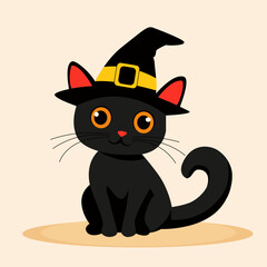 cute black cat in a witch hat halloweens illustration